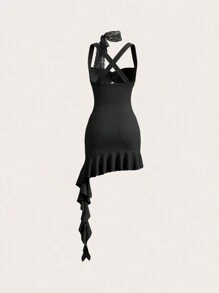 SHEIN X KeniaOs SHEIN ICON Summer Sexy Black Bodycon Dress With Front And Middle Ruched Hollow-Out Design, Ribbon And Chocker Decoration - Black - View 6