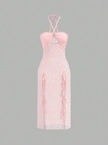 SHEIN X KeniaOs SHEIN ICON Vestido elegante y sexy de mujer con frente de encaje, a través de corbata frontal entrecruzada y decoración de lazo en la nuca con transparencias.