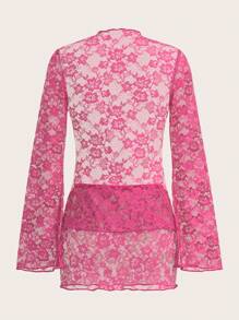 SHEIN X KeniaOs SHEIN ICON 女性蕾絲鬆垂袖頭帶式上衣和低腰裙裝，2入組套裝 - 玫紅色 - 查看 5