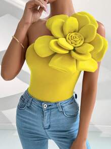 Rafferiza Áo kiểu một vai thanh lịch dành cho nữ mùa hè màu trơn phóng đại 3D hoa - Màu vàng - Xem 6