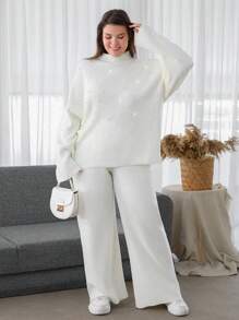 EURMUSE Plus Size Women Pearl Detailed Sweater Two Pieces Sets, For Winter