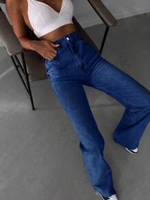 EURMUSE High Waisted Raw Hem Wide Leg Jeans - Blue - View 5