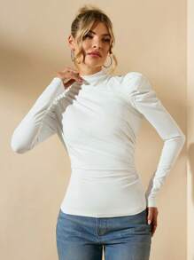 SHEIN BAE Women Solid Color Ruched Puff Sleeve Fitted Basic Top, Autumn - White - View 6
