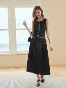 MOTF PREMIUM 人造珍珠修飾褶皺邊2合1裙 - 黑色 - 查看 5