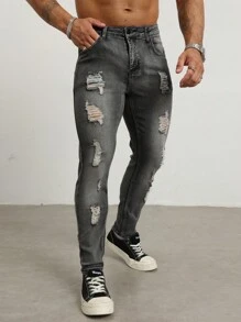 Manfinity LEGND Men's Front Button Multiple Pockets Distressed Denim Jeans, Casual Wear