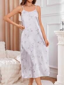 女士花卉印花吊带睡袍，配有蕾丝花边喇叭袖睡袍睡衣套装 - 白色 - 查看 7