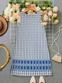 Breezaya Váy giải trí ngày lễ không tay in cổ điển - Màu xanh lam - Xem 2