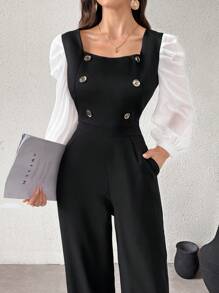 Modelyn Women's Square Neck Color Block Elegant Long Sleeve Wide Leg Jumpsuit Fall Cloth For Women - Black and White - View 2