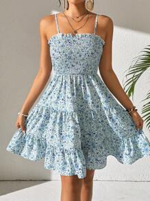 Breezaya Women's Delicate Strap Backless Ruffle Hem All-Over Ditsy Floral Elegant Chic Dress - Baby Blue - View 4