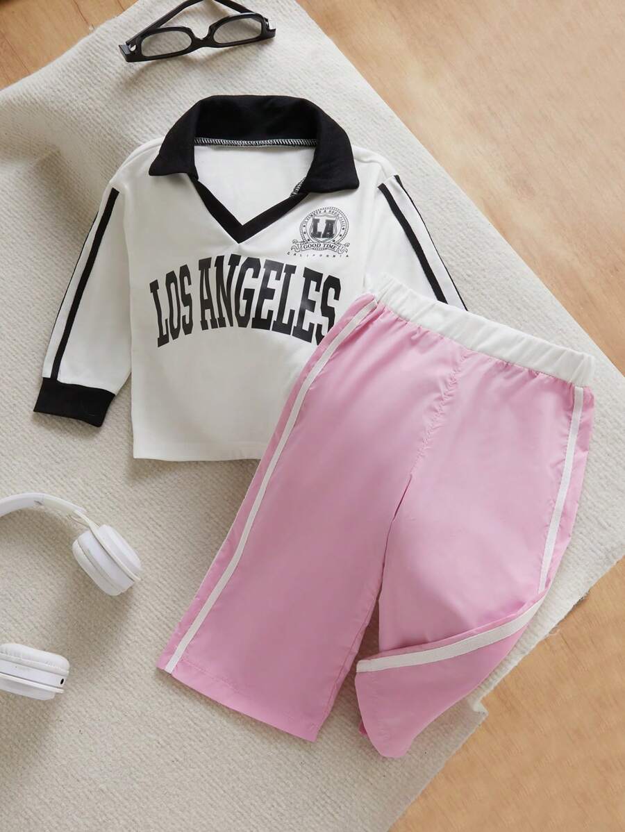 SHEIN 2 件装女婴休闲日常美式字母和图案印花运动衫和裤子套装，秋冬 - 粉色 - 查看 1