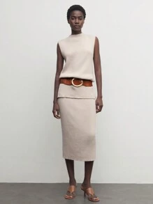 BizChic 杏色无袖圆领直筒针织办公套装 - 杏色 - 查看 7