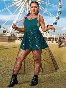 Flirla Plus Size Mesh Vacation Dress With Spaghetti Straps, Summer - Blue - View 3