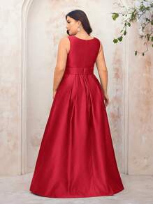 SHEIN Belle 加大码 V 领重叠腰带褶皱高开衩 A 字型优雅正式晚礼服、舞会礼服，适合婚礼嘉宾、毕业典礼、晚宴 - 紅色 - 查看 2