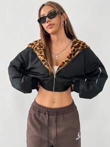 SHEIN EZwear 冬季二合一双面黑色豹纹蓬松连帽短款夹克 - 黑色 - 查看 4