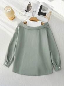 Seusyu 女士春夏季寬鬆露肩拼色長袖休閒襯衫 - 綠色 - 查看 2