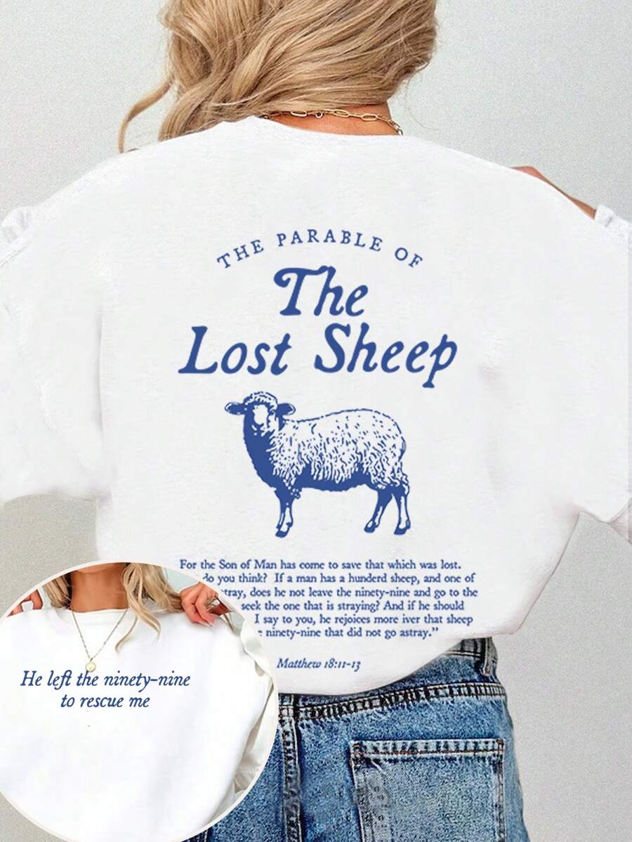 INAWLY Lost Sheep Parable Bible Verse Round Neck Faith Worship Evangelical Christian Casual Sweatshirt, Women's,Long Sleeve Tops - White - View 1