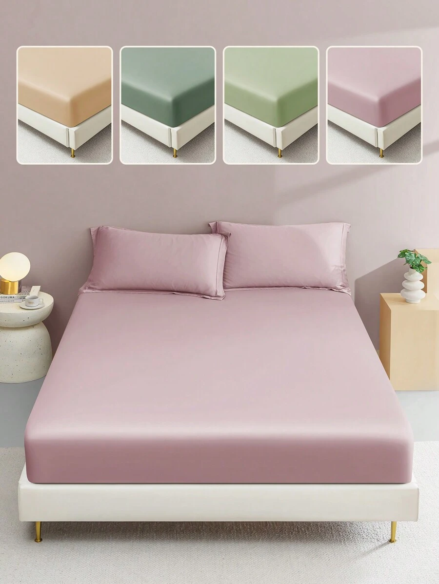 [100% Cotton]1pc Soft & Gentle Fitted Sheet, All-Season Comfort And Breathable,14inch/35cm Deep Pocket - Baby Pink - View 1