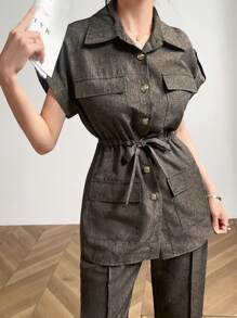 Mulvari Women's Summer Solid Color Batwing Sleeve Utility Pocket Drawstring Waist Shirt And Pants Casual Commuter 2-Piece Set 2 Piece Set - Mocha Brown - View 9