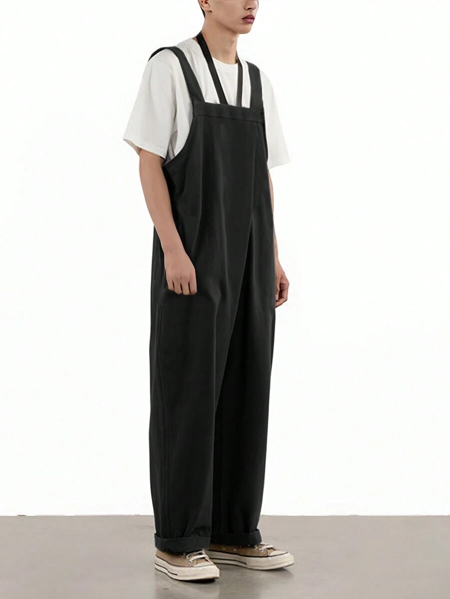 Men's Casual Solid Color Suspender Pants, Spring/Summer - Black - View 1