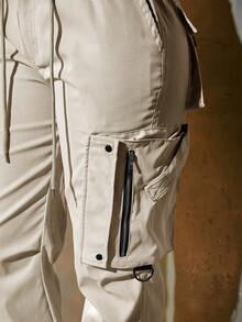 女士Y2K风格松紧腰抽绳工装裤，带翻盖口袋、拉链细节、金属纽扣和侧开衩 - 杏色 - 查看 3