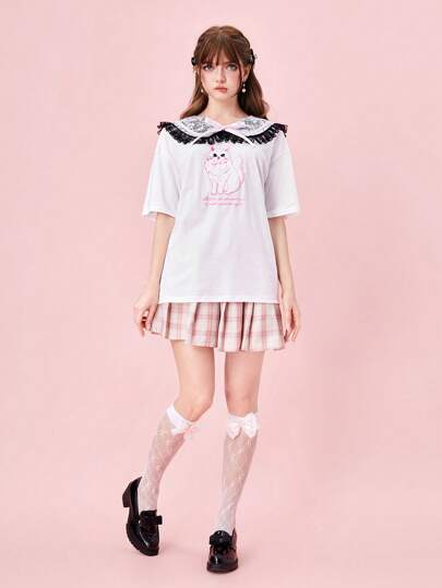 J-Fashion تي شيرت نسائي مطرز مع تطبيق قطة جميلة ، مدرسة