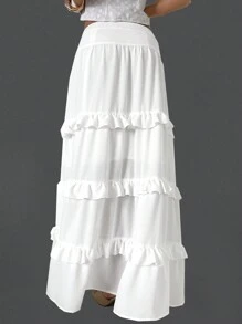 SHEIN Essnce Women's Spring/Summer Fashion Layered Ruffle Hem White Skirt - White - View 4