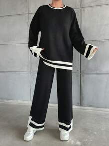 EURMUSE Collared Drop Shoulder Sweater Two Piece Set - Black and White - View 1