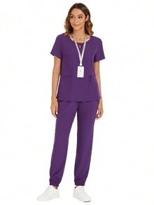 Bộ đồ y tế mùa hè dành cho nữ, áo và quần cổ chữ V màu trơn. - Màu tím - Xem 4