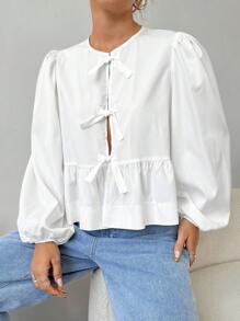 SHEIN EZwear Ladies' Solid Color Simple Daily Long-Sleeved Shirt With Bow Decoration,Long Sleeve Tops