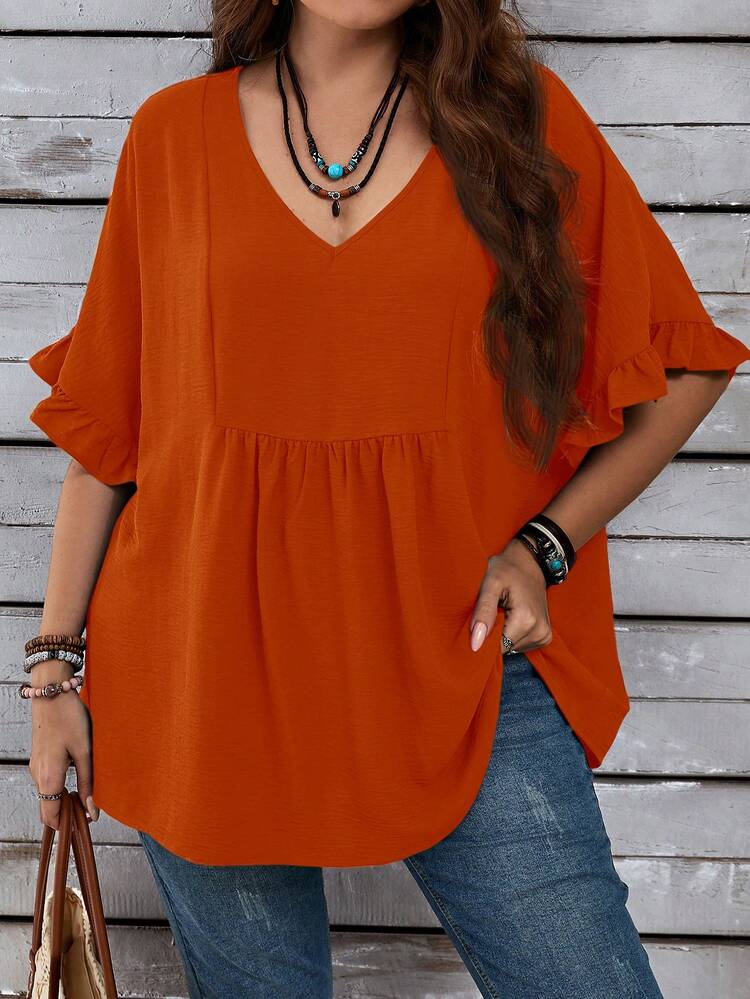 Plus Size Women's Vacation Casual Dark Blue Mom Shirts With Ruffled Sleeves For Summer