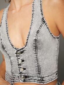 WESTFADE Premium Cotton Denim Stretch Acid Wash Vest  - Black - View 3