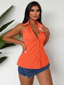 SHEIN Slayr بلوزة أكمام بلا أكمام فوشيا مربوطة بالخلف - لون برتقالي - مشاهدة 6