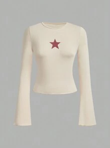SHEIN Unity Áo thun nữ cổ tròn cổ tròn in hình ngôi sao năm cánh dài tay loe màu trơn tối giản - Màu be - Xem 1