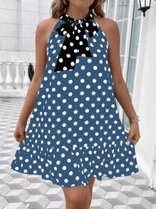 SHEIN Unity Plus Size Polka Dot Printed Ruffle Hem Summer Dress - Dusty Blue - View 1