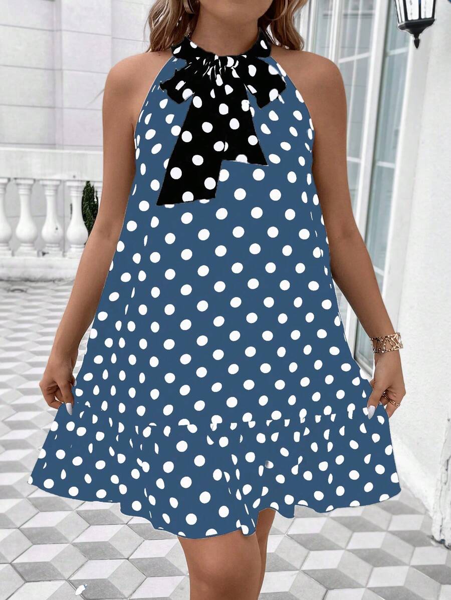 SHEIN Unity Plus Size Polka Dot Printed Ruffle Hem Summer Dress - Dusty Blue - View 1