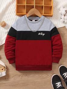 男童三色拼接英文字母印花圆领长袖卫衣，休闲秋冬款 - 彩色 - 查看 7