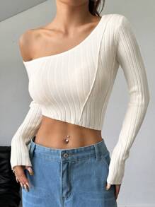 StreetHx Femmes Pull élégant et doux à manches longues avec épaules asymétriques et dénudées, mode tricot automne hiver - Blanc - Voir 6