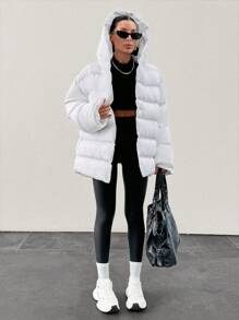 RueChic Plain Hooded Puffer Coat With Snap Button - White - View 9