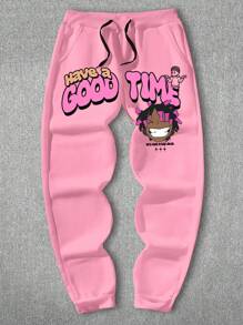 Manfinity Homme 男士抽绳字母及卡通印花休闲运动裤 - 粉色 - 查看 2