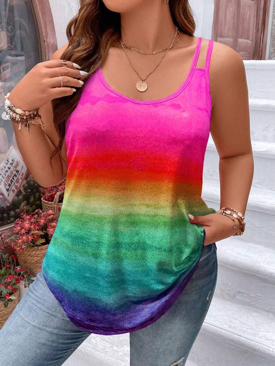 Calvaya Cộng với kích thước đầy màu sắc ombre Casual Loose Spaghetti Strap Top và yếm để mặc ngày lễ - Màu Hồng Tươi - Xem 1