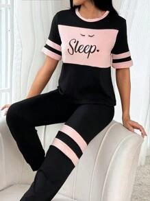 Lazeform 女士彩色块字母和睫毛印花短袖上衣和长裤睡衣套装 - 淺粉色 - 查看 4