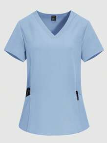 TaskEZ 女士 V 领手术服上衣 - V 领短袖护士制服手术服上衣，带 2 个口袋 - 淺藍色 - 查看 4