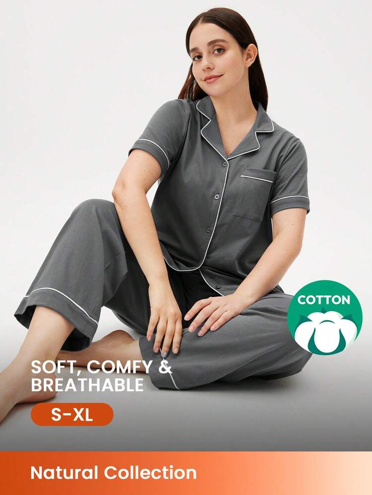 Conjunto de pijama de mujer de algodón modal 100% puro de manga corta y pantalones de color gris oscuro suave, pantalones con bolsillos, pijamas de algodón para mujer