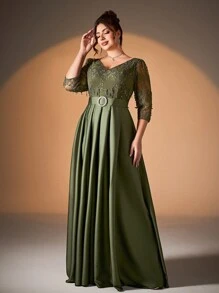 Plus Size Embroidered Lace Patchwork Satin Long Sleeve Dress With Crystal Buttons And Flared Hem, Bridesmaid Dress - 軍綠色 - 查看 5