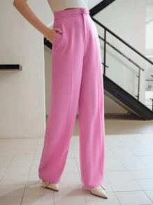 MOTF STUDIO SOLID BUCKLE WAIST SLANT POCKET SEAM FRONT SUIT PANTS - Pink - View 4