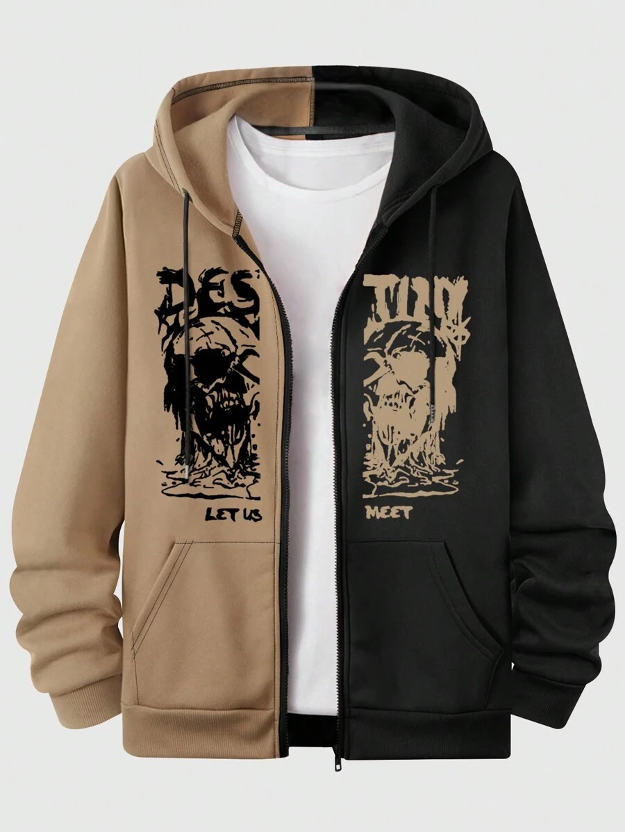 EURMUSE Felpa con cappuccio uomo in cotone con stampa a blocchi di colore a contrasto e teschio, con chiusura lampo - Multicolore - Visualizzare 1