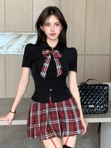 DAZY 2pcs Set Women's Bow Plaid Short Sleeve Shirt And Pleated Mini Skirt, Preppy Style Summer Outfit - Black - View 8