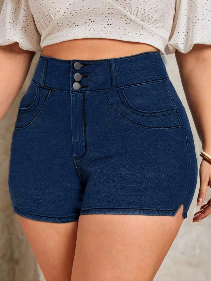 新款女式高腰破洞牛仔短裤，多口袋、弹力面料，时尚舒适休闲蓝色大码短裤 - 寶藍色 - 查看 1