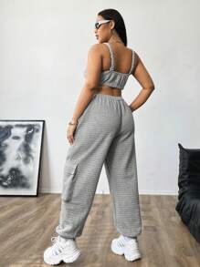 Flirla Plus Size Solid Color Spaghetti Strap Cropped Top And Pocket Pants 2 Pieces Set - Grey - View 2