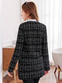 SHEIN Áo khoác midi in họa tiết kẻ caro đan cho bé gái tuổi teen - Đen và trắng - Xem 3